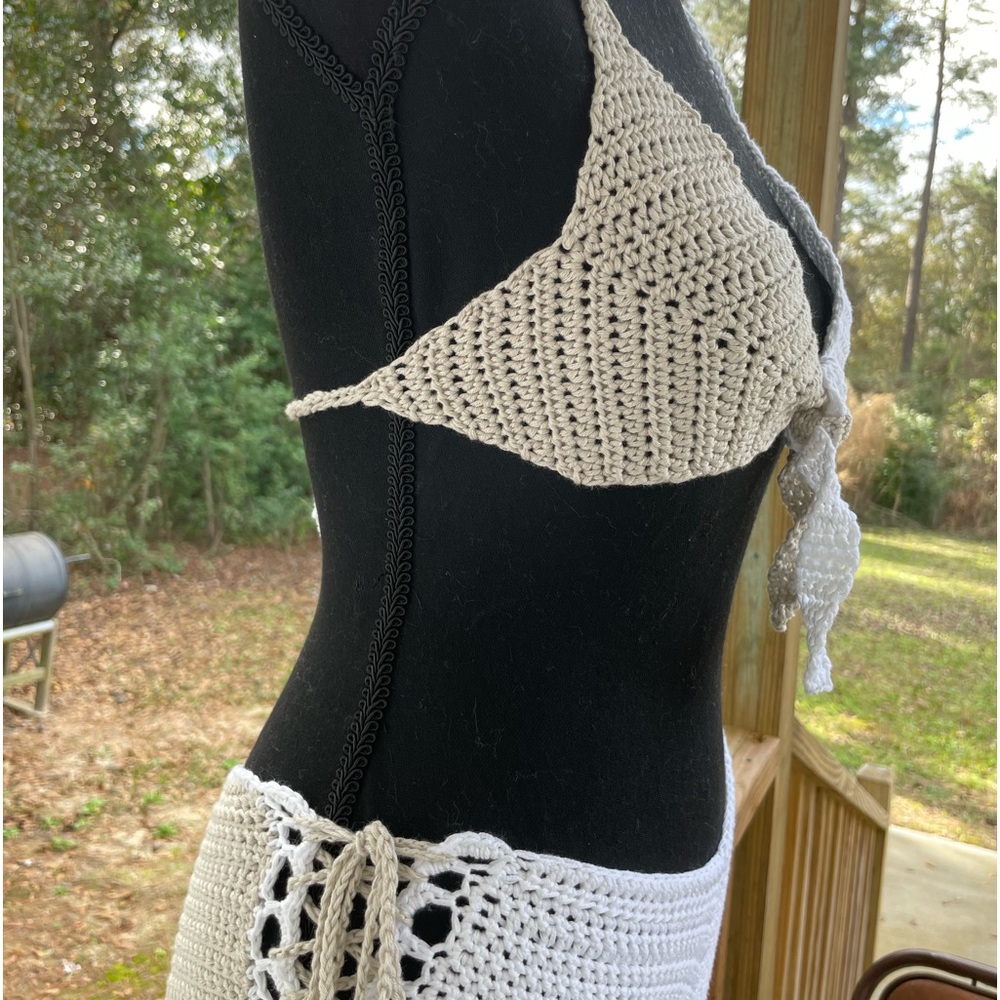 Crochet, hand crocheted, two tone, cream and white bikini set